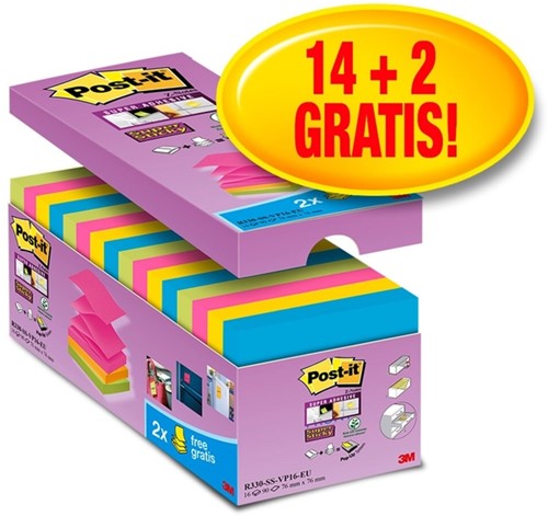 Post-it memoblokje  76x 76mm Z-note S330-16 Super Sticky assorti 14+2 gratis