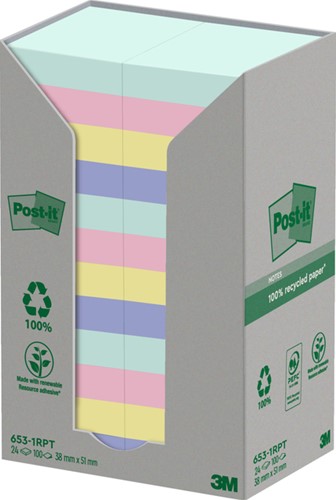 Post-it memoblokje  38x51mm 653PRT recycled assorti ds/24