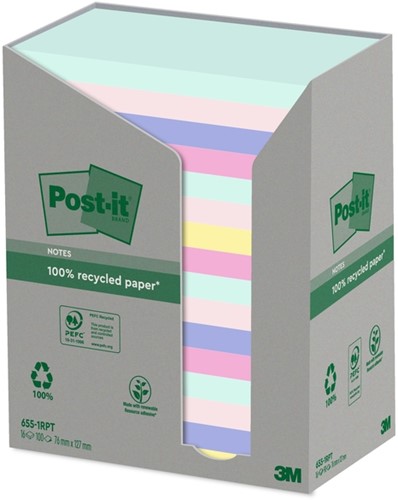 Post-it memoblokje  76x127mm 655PRT recycled assorti ds/16