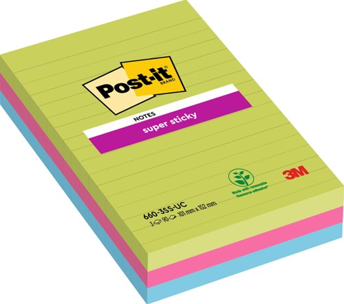 Post-it memoblokje 102x152mm 3-kleuren neon lijn