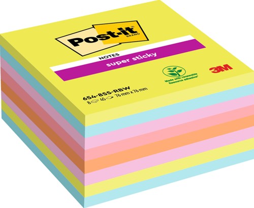Post-it memoblokje  76x 76mm 654-SSRB  Super Sticky rainbow pk/8