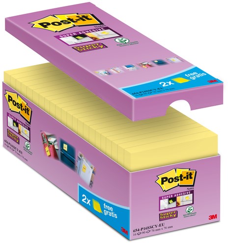 Post-it memoblokje  76x 76mm 654-P16 Super Sticky geel pk/16