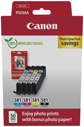 Inktcartridge Canon CLI-581 4 kleuren + 50vel fotopapier 10x15cm