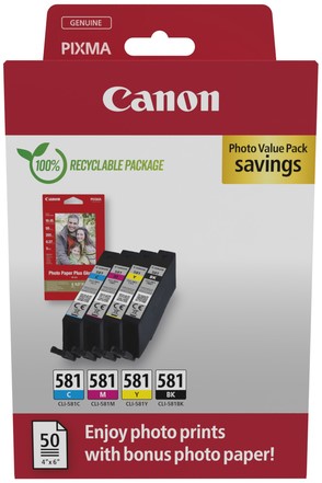 Inktcartridge Canon CLI-581 4 kleuren + 50vel fotopapier 10x15cm