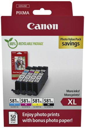 Inktcartridge Canon CLI-581XL 4 kleuren +50vel fotopap10x15cm