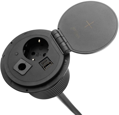 Elektrificatie inbouwunit Filex Spot Plus - 1x 230V - 1x USB A - 1x USB C - draadloos opladen - zwart