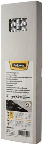 Bindrug Fellowes 6mm 21rings A4 wit 100stuks