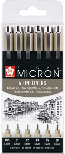 Fineliner Bruynzeel Pigma micron assorti zwart pk/6
