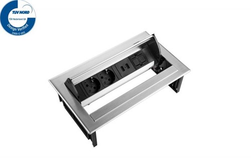 Elektrificatie inbouwunit Filex Power Desk In 2x230V - 2x USB - 1x keystone - Inox RVS