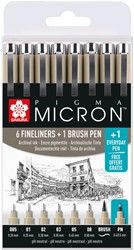 Fineliner Sakura Pigma Micron 6 schrijfbreedtes, brushpen en PN zwart
