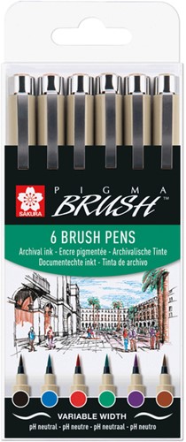 Brushpen Sakura Pigma set 6 kleuren