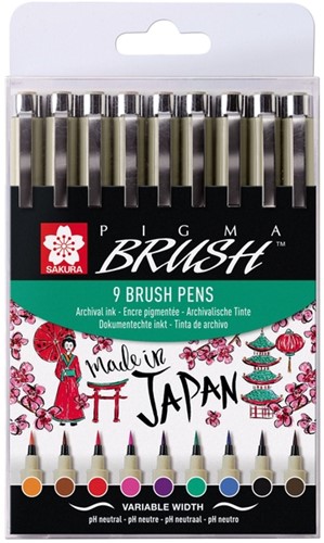 Brushpen Sakura Pigma assorti etui/9