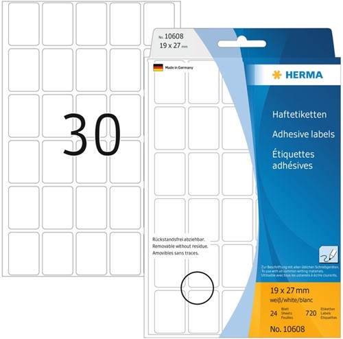 Etiket  19x 27mm Herma 10608 verwijderbaar wit pk/960