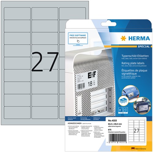 Etiket A4  63,5x 29,6mm Herma 4222 weerbestendig zilver  ds/675