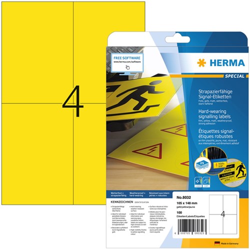 Etiket A4 105x148mm Herma 8032 polyester weerbestendig geel ds/100