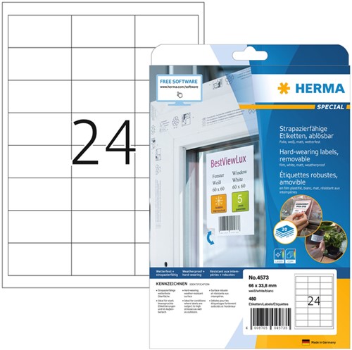 Etiket A4  66x 33,8mm Herma 4573 polyester verwijderbaar ds/480