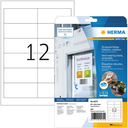 Etiket A4  97,3x 42,3mm Herma 4574 polyester verwijderbaar ds/240