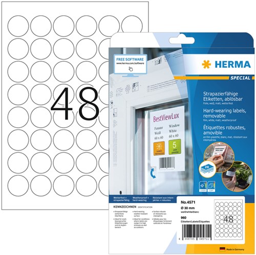 Etiket A4 rond 30mm Herma 4571 polyester verwijderbaar ds/960