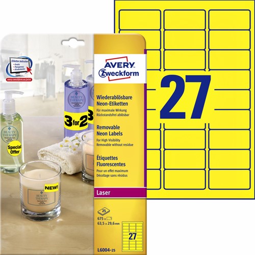 Etiket A4  63,5x 29,6mm Avery L6004-25 ds/675 neon geel