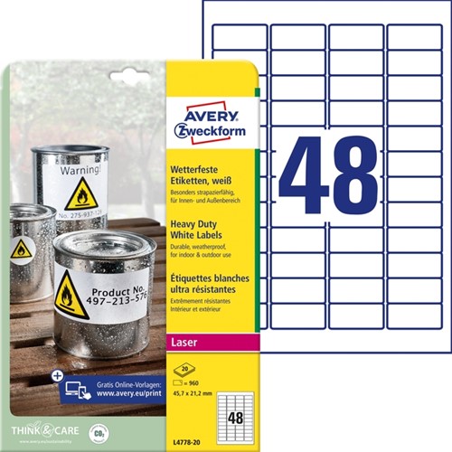 Etiket A4  45,7x 21,2mm Avery L4778-20 heavy duty pk/960