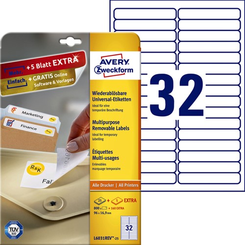 Etiket A4  96x 16,6mm L6031REV-25 afneembaar ds/800