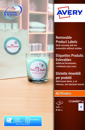 Etiket A4 rond 60mm Avery L7104REV-20 afneembaar ds/240 wit