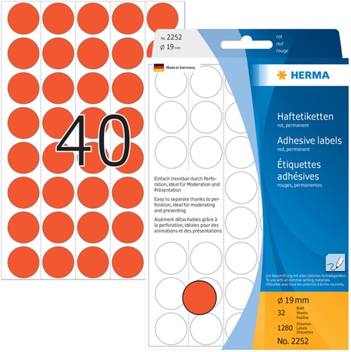 Etiket rond 19mm rood Herma 2252 ds/1280-2