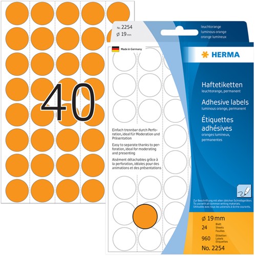 Etiket rond 19mm fluor oranje Herma 2254 ds/960-2