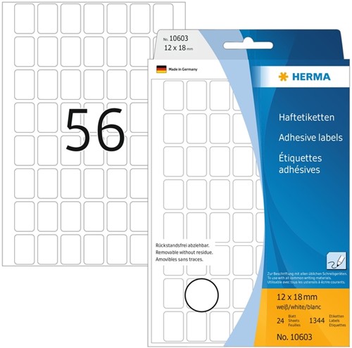 Etiket  12x 18mm Herma 10603 verwijderbaar pk/1344 wit