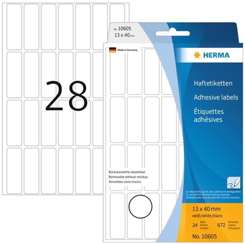 Etiket  13x 40mm Herma 10605 verwijderbaar pk/672 wit
