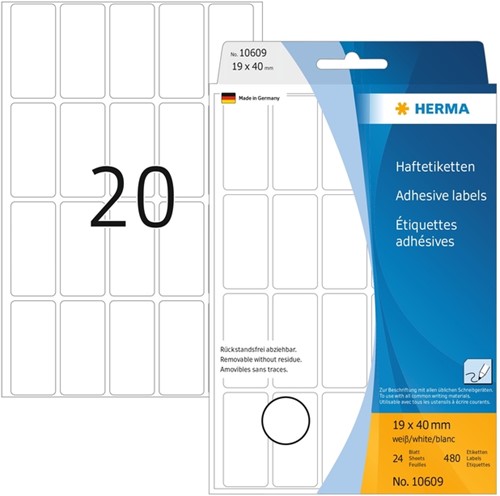 Etiket  19x 40mm Herma 10609 verwijderbaar pk/480 wit
