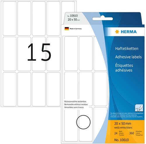 Etiket  20x 50mm Herma 10610 verwijderbaar pk/360 wit