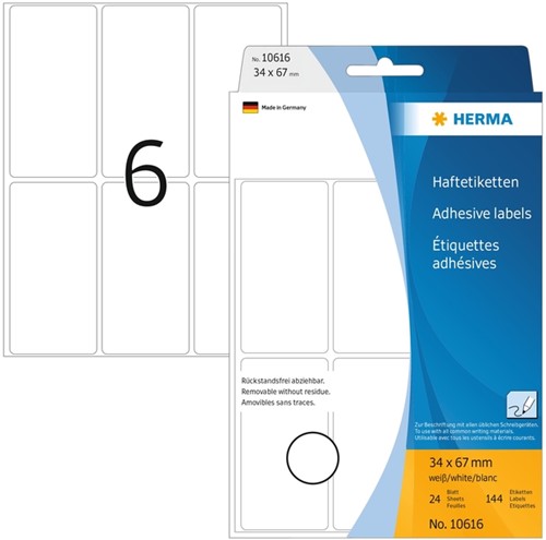 Etiket  34x 67mm Herma 10616 verwijderbaar pk/144 wit
