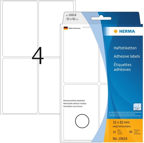 Etiket  52x 82mm Herma 10618 verwijderbaar pk/96 wit