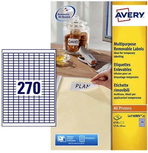 Etiket A4 17,8x 10mm Avery L4730REV-25 afneembaar ds/6750