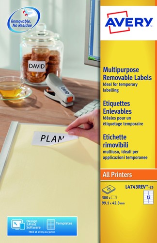 Etiket A4  99,1x 42,3mm Avery L4743REV-25 afneembaar ds/300