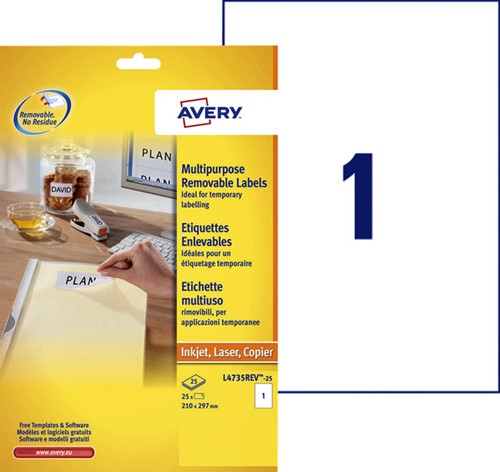 Etiket A4 210x297mm Avery L4735REV-25 afneembaar ds/25