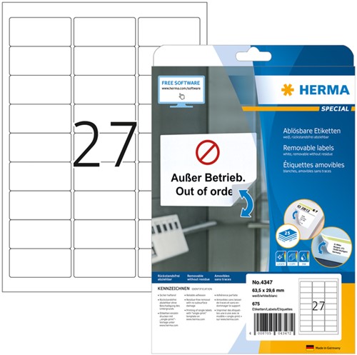 Etiket A4  63,5x 29,6mm Herma 4347 afneembaar pk/675