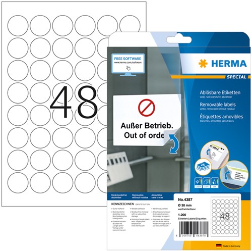 Etiket A4 rond 30mm Herma 4387 afneembaar pk/1200