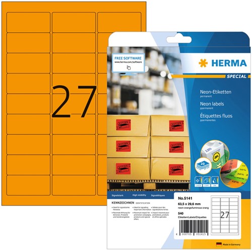 Etiket A4  63,5x 29,6mm Herma 5141 ds/540 oranje