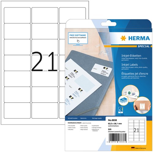 Etiket A4  63,5x 38,1mm Herma 8838 inkjet mat ds/525