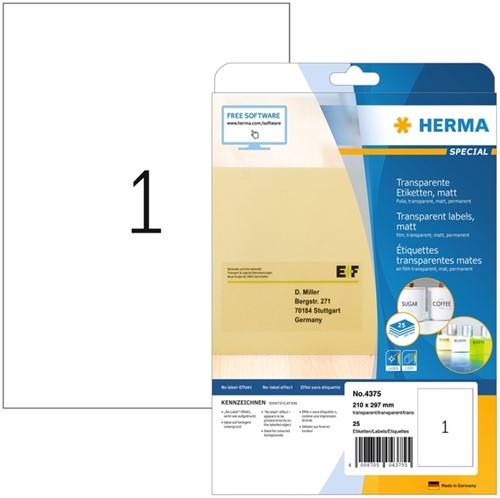 Etiket A4 210x297mm Herma 4375 mat transparant ds/25