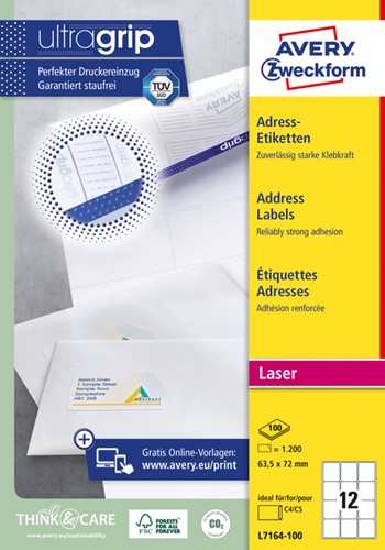 Etiket A4  63,5x 72mm Avery L7164-100 laser ds/1200