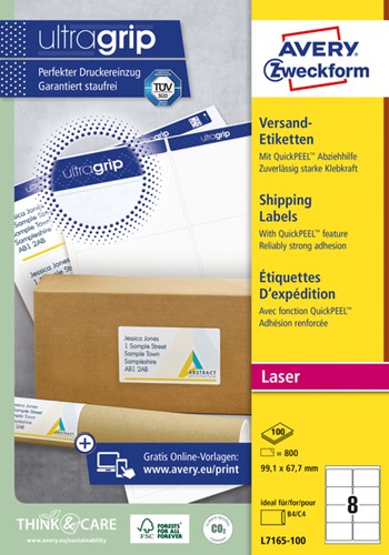 Etiket A4  99,1x 67,7mm Avery L7165-100 laser ds/800