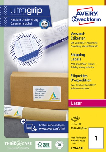 Etiket A4 199,6x289,1mm Avery L7167-100 laser ds/100