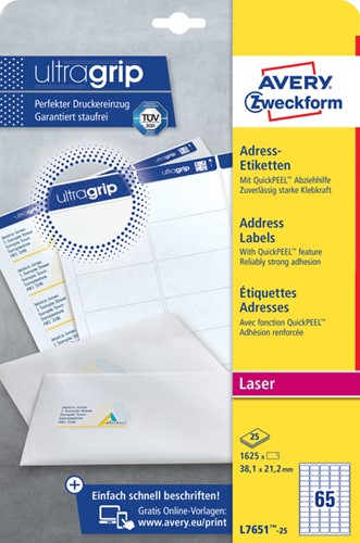 Etiket A4  38,1x 21,2mm Avery L7651-25 laser ds/1625