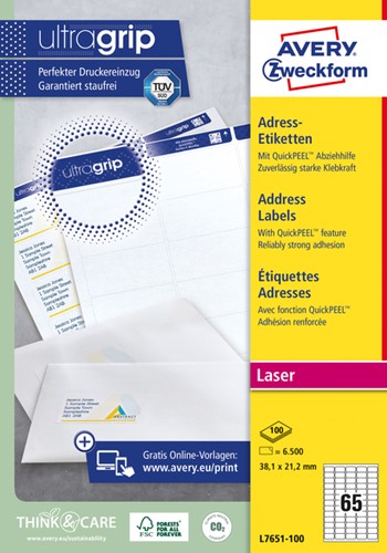 Etiket A4  38,1x 21,2mm Avery L7651-100 laser ds/6500