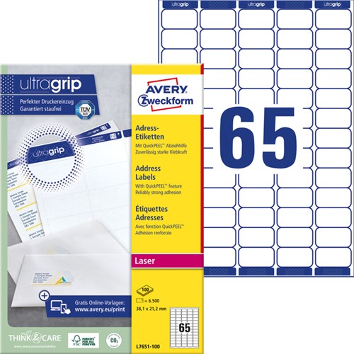 Etiket A4  38,1x 21,2mm Avery L7651-100 laser ds/6500-2