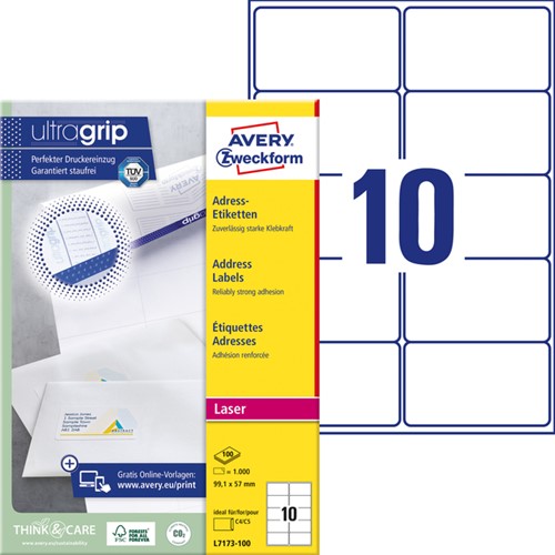 Etiket A4  99,1x 57mm Avery L7173-100 laser ds/1000-2