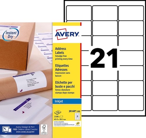 Etiket A4  63,5x 38,1mm Avery J8160-100 inkjet ds/2100-2